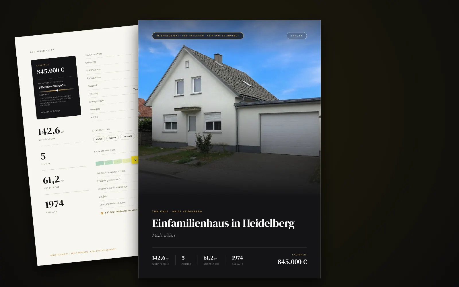 Exposé des Beispielobjekts in Heidelberg: Titelseite mit Foto, Titel und Kaufpreis, dahinter zwei weitere Seiten